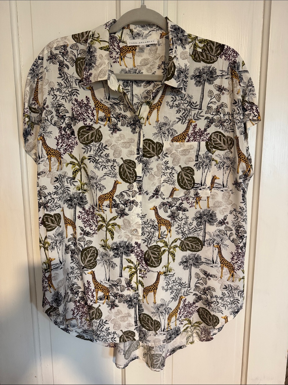 Safari-Print Button-Down Shirt in White and Olive